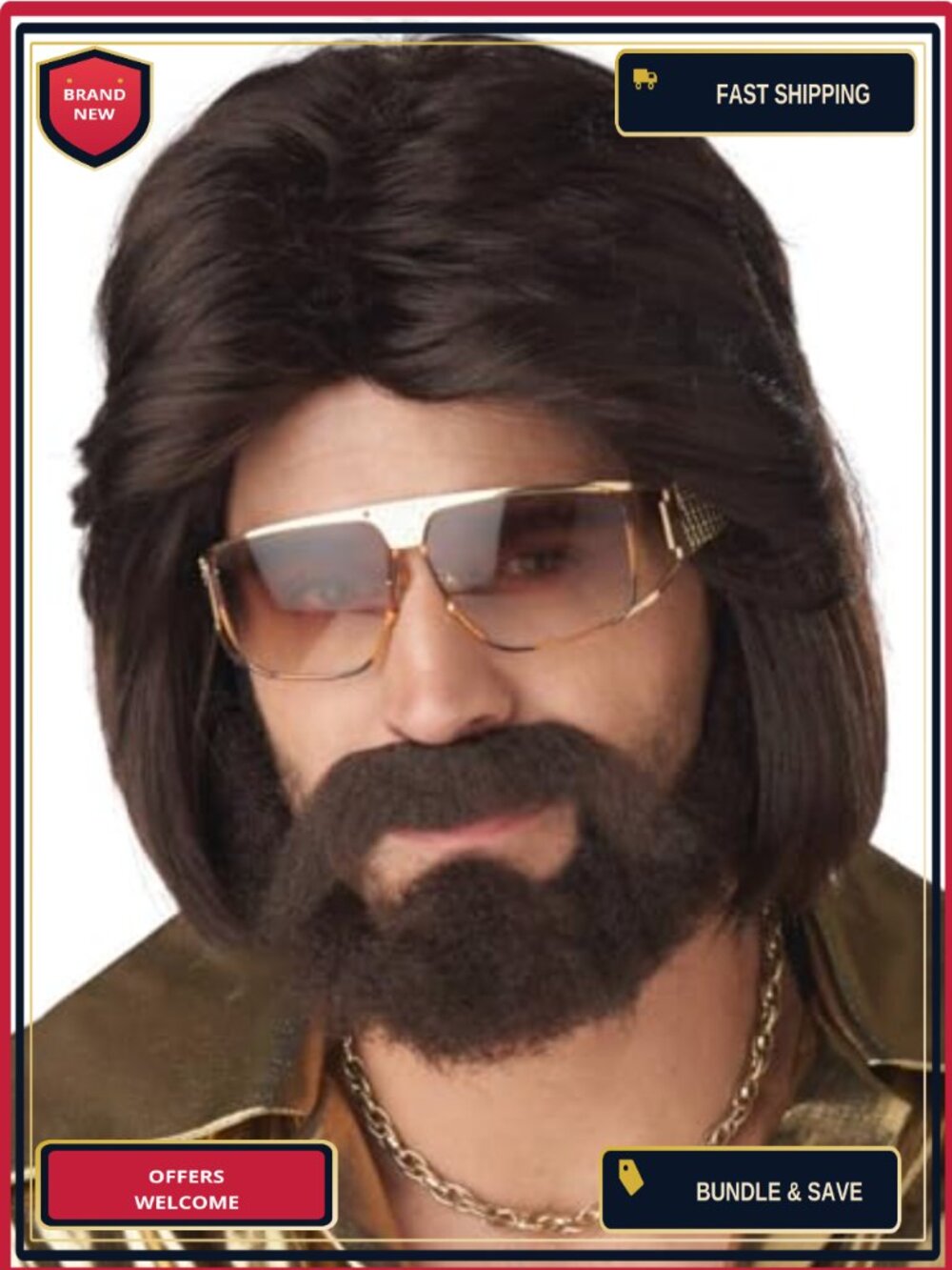 70s Wig Beard Moustache Costume Set Halloween Party Accessory